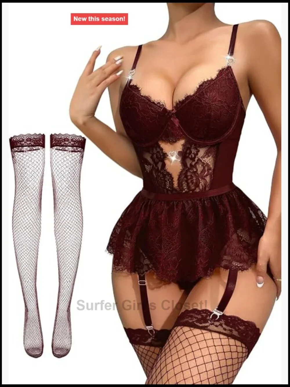 3 Piece Lingerie Set Corset Bodysuit Skirt Push Up Sheer Lace